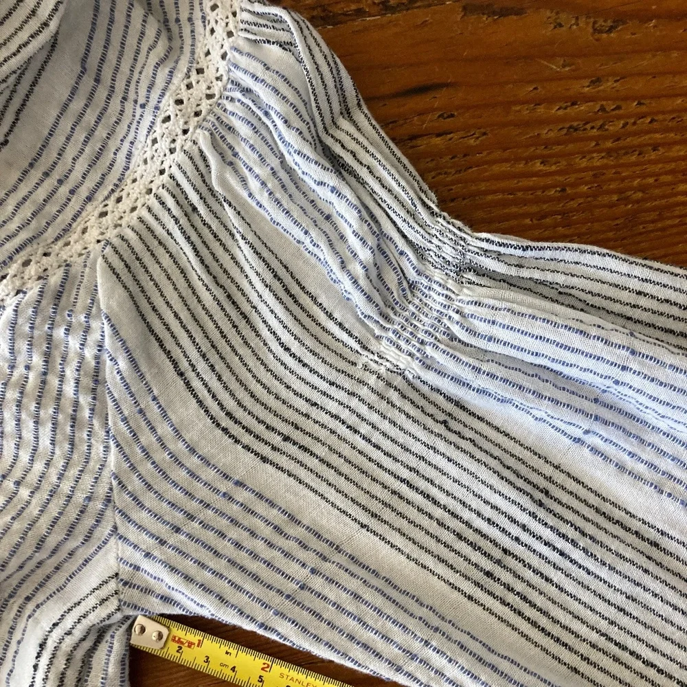 Free People Hooded Puff Sleeve Swing Shirt White, Black, Blue Stripes Size XS